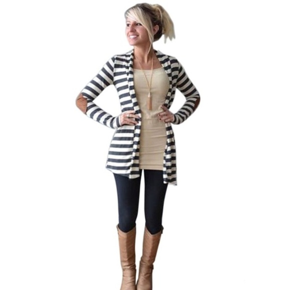 💝(A29) Elbow Patch Striped Open Front Cardigan